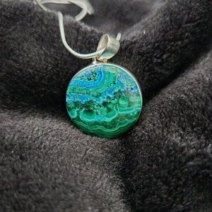 Sterling Silver Round Malachite and Chrysocolla Pendant - Natural Stone 1.5"x1"